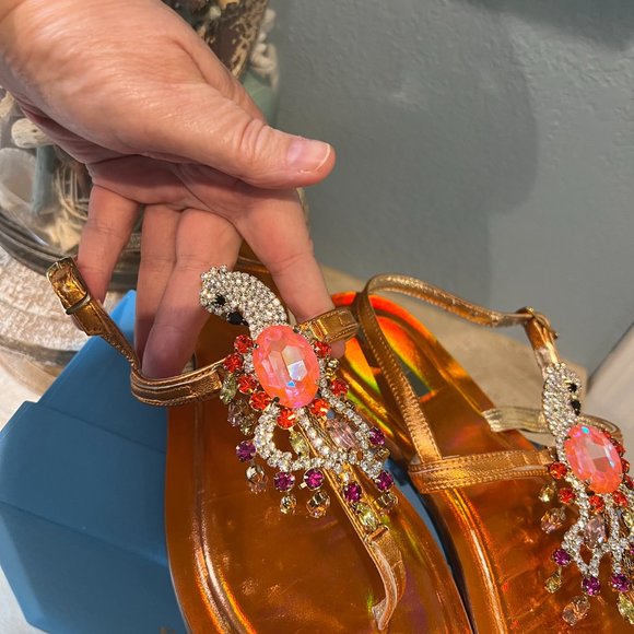 NWOT IN BOX PAOLA FIORENZA GLAMOROUS PARROT RHINESTONE SANDALS SIZE 41 ORANGE - Picture 2 of 4